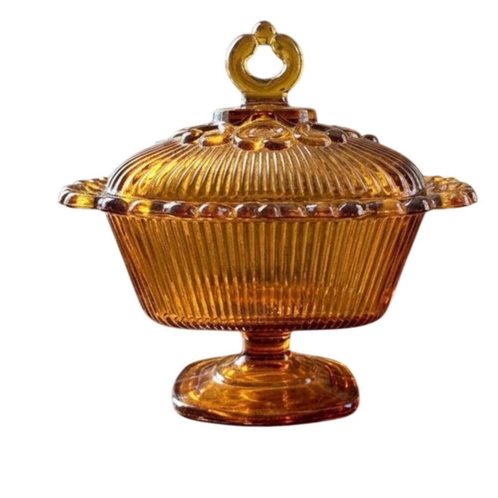 Indiana Glass Amber Ribbed Open Lace Pedestal Candy Dish Lidded MCM